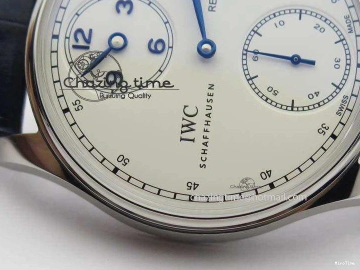 MIROTIME 0421 Portuguese IW5444 SS White Dial Blue Numbers On Blue Leather Strap A Modern 7258